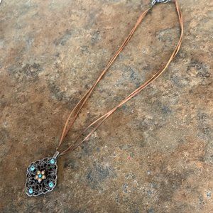 leather cord blue gray and yellow pendant necklace